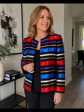 Vintage Stephanie Thomas Sport Ribbon Stripe Jacket Blazer Women's Size 14 Art